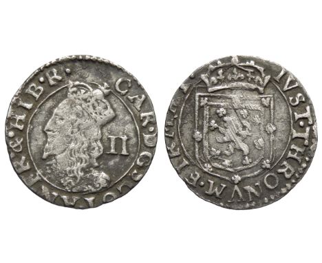Scotland, Charles I two shillings. Fourth coinage, 1642. Crowned bust left, II mark of value behind. R. Crowned shield of arm