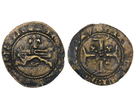 Henry V Niquet or Double tournois. +H REX ANGL HERES FRANC. Crowned lion passant facing left, fleur-de-lis above. R. +SIT NOM