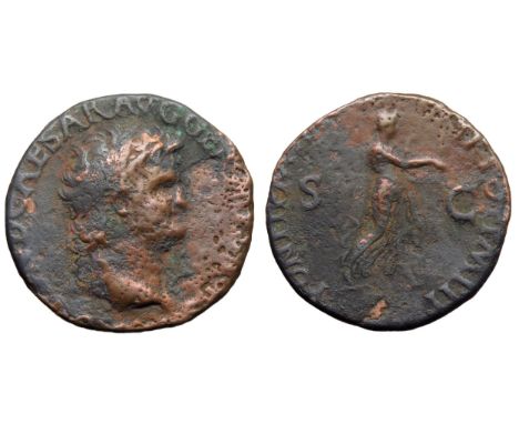 Nero As, 54-68 AD. Lugdunum. Bare head right,Â&nbsp; NEROÂ&nbsp;CLAVDÂ&nbsp;CAESARÂ&nbsp;AVGÂ&nbsp;GERMANICVS. R. PONTIF MAXÂ