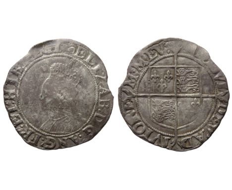 Elizabeth I sixpence. Sixth issue, 1582-1600. Crowned bust left, ELZAB D G ANG FR ET HI REGI. R. Shield over cross. Mint mark