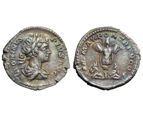 Caracalla Denarius, Rome mint. Silver, 2.08g.Â&nbsp; ANTONINVS PIVS AVG; laur. and draped bust right. R. PART MAX PONT TR P I