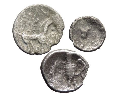 Southern Tribes, silver Celtic coin group. To include Danebury unit, Tincomarus silver unit and silver minim. 12mm, 0.82g; 11