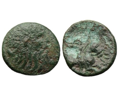 Catuvellauni: Rues bronze unit, circa 1-10 AD. Bearded head right. R. Warrior riding right, holding sword, R below, VII in fr