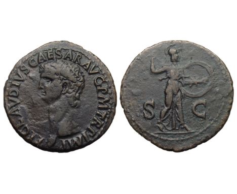 Claudius As. Rome mint, 41-42 AD. 10.41g, 29.6mm. Bare-head left, TI CLAVDIVS CAESAR AVG P M TR P IMP. R. Minerva standing ri