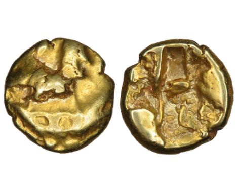 Catuvellauni Westerham quarter stater. Circa 80-60 BC. Three men in a boat. R. Tree-like object. British Aa2 class 2 'Carn Br