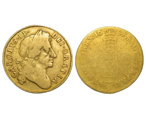 Charles II 1684 gold half guinea. Second laureate bust right. R. Crowned cruciform shields, sceptres in angles. 27mm, 4.00g. 