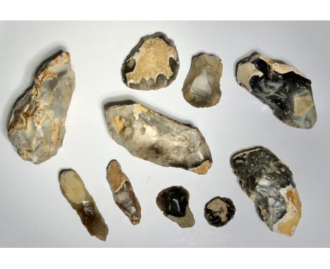 Collection of Mesolithic flint tools. (10). Circa 10000-8500 BCE. 30mm-110mm. To include, fabricators, Found on the Isle of W