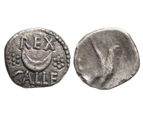 Eppillus Rex silver unit. Circa 20 BC-1 AD. 12mm, 1.05g. Outlined crescent, REXÂ&nbsp; above, CALLE below. R. Spread eagle ri