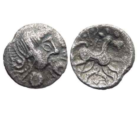Regini, Ashdown Forest Helmet silver unit. 13mm, 1.05g. Helmeted head right, boss on chin. R. Annulate horse right, pellet on