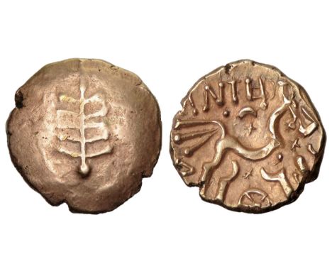 Dobunni tribe ANTED gold stater. Circa 20-43 AD. Tree symbol, pellet at base. R. Triple-tailed horse right, wheel below, ANTE