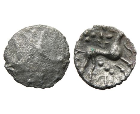 Iceni ECEN silver unit. Circa 10-43 AD. Double crescent emblem on verticle wreath. R. Horse right, large oval head, S below h