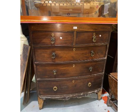 A late Georgian bow front chest of 2 short and 3 long drawers, with caddy top, 95 cm (a.f.); A late Victorian mahogany D shap