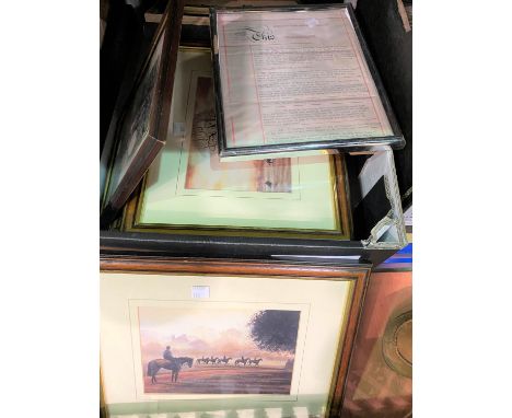 Ahallmarked silver photo frame and framed pictures relating to horse racing 