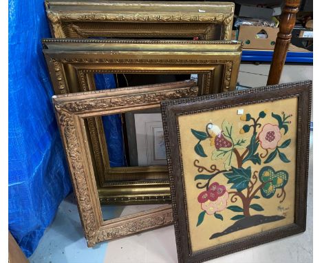 A needlework firescreen and similar picture; 3 heavy gilt picture frames &amp; a standard lamp 