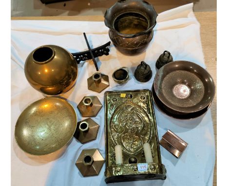 An Arts and Crafts brass two light candle sconce, other metalware and collectables, including brass 