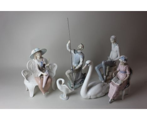 Six Lladro porcelain figures, comprising a young Jewish scholar, 29cm high, a kneeling Don Quixote with lance, 27cm high, a l