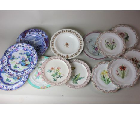 A collection of thirteen 19th century English plates and bowls, to include a Mintons porcelain bowl decorated with gilt M bel