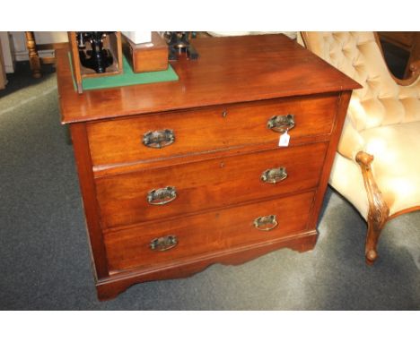 A stained pine chest of four drawers, with shaped apron, on bracket feet, 91.5cm