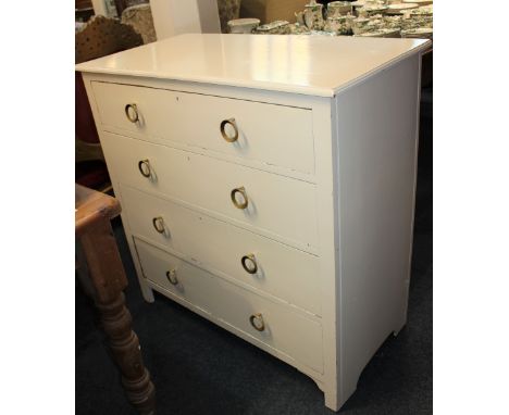 A 20th century white painted chest of four graduated drawers with circular metal handles, on bracket feet, 99cm