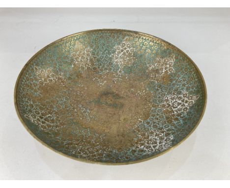 An Eastern brass bowl, with turquoise and white enamel within etched floral design (a/f - worn) 30cm diameter