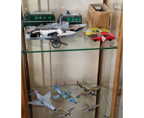 A collection of die-cast model aeroplanes, ships and motor vehicles, most Dinky, to include a Dinky Supertoys TV Mobile Contr
