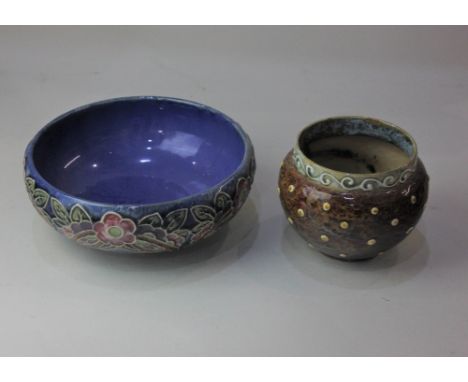 A Royal Doulton glazed stoneware baluster vases, decorated with white spots in light relief, on mottled blue grey ground, 10c