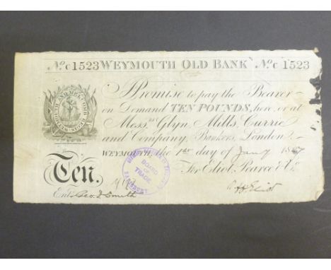 BRITISH PROVINCIAL BANKNOTE, DORSET, WEYMOUTH, WEYMOUTH OLD BANK, TEN POUNDS, 1 JANUARY 1887, No. C1523, FOR ELIOT, PEARCE & 