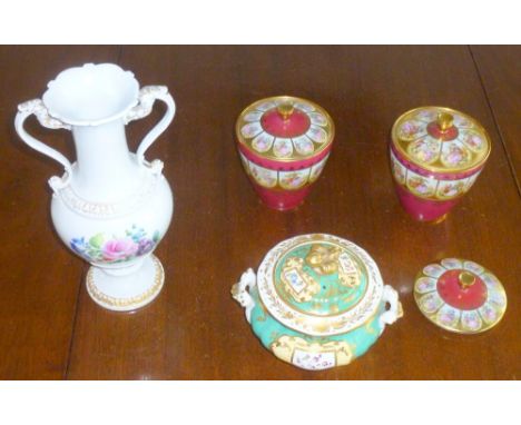 GERMAN PORCELAIN BALUSTER VASE WITH FLORAL DECORATION (H: 29 cm), PAIR OF CARLSBAD VASES WITH COVERS (PLUS SPARE COVER), A VI