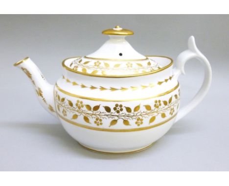 REGENCY BONE CHINA OVAL TEAPOT WITH GILT DECORATION, COVER AND STAND, SUCRIER WITH COVER AND A MILK JUG. ALSO A CONTINENTAL V