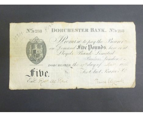 BRITISH PROVINCIAL BANKNOTE, DORSET, DORCHESTER, DORCHESTER BANK, FIVE POUNDS, 19 SEPTEMBER 1894, No. D288, FOR ELIOT, PEARCE