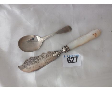 Georgian fiddle pattern caddy spoon, Lon 1823 by EF  also another        