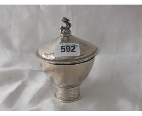 Arts and Crafts circular bowl and cover with seahorse finial, 4.5” high Lon 1938 by B &amp; F ltd. 180g.   