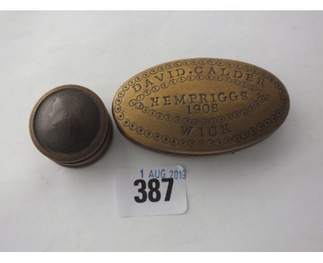 Antique brass snuff box and another     