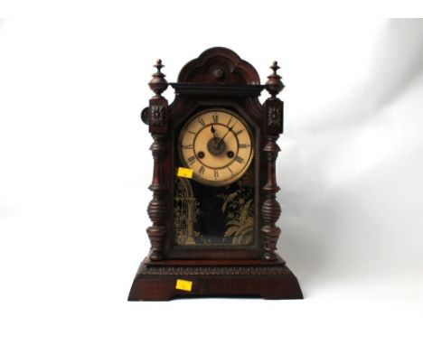 Junghams ornate wooden cased mantel clock with etched glass cover