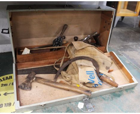 Wooden toolbox, wood planes, drills, hammers etc