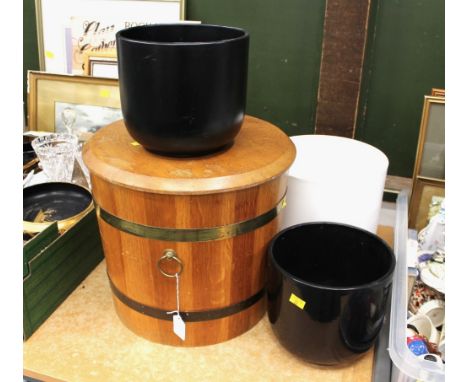 Wooden lidded coopered barrel bucket and three ceramic vases 