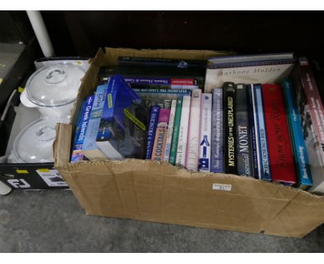 Two boxes of hardback books including Mysteries of The Unexplained, Basic Gardening etc, and two lidded ceramic casserole dis