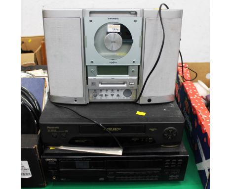 Kenwood multiple CD player Model DPM6060, Panasonic VHS player Model NVSD200 and Grundig CD system  