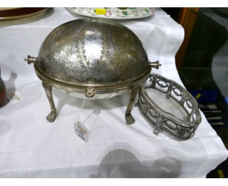 French silver plates quatreform planter with glass liner and a Walker & Hall silver plated breakfast dish with dome cover.