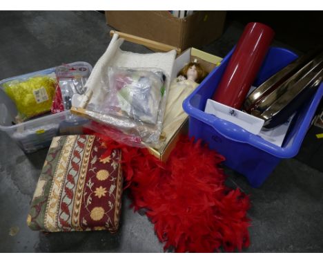 Three boxes of wool, fabrics, vases, ceramic plates etc 