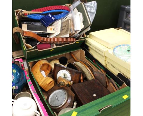 Two boxes of wooden ware including shield plaques, barometer, clothes brushes, hip flasks, pamphlets, postcards, ephemera etc