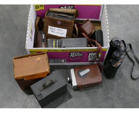Vintage cameras and binoculars, Ensign box camera, Prinz 10 x 50 field binoculars and Kodak Brownie 8 movie camera 