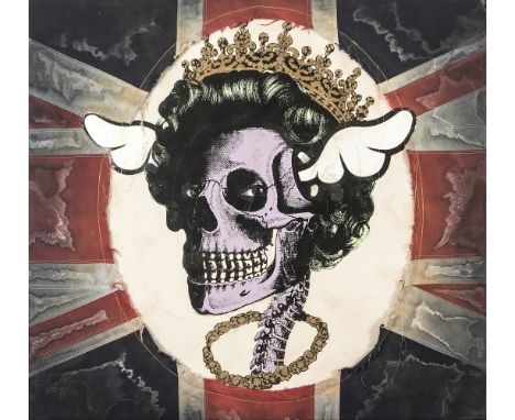 D*FACE (London , 1978)."Hrh her Royal Hideous", 2015.Mixed media (enamel and emulsion) on canvas, with Union Flag.Label on th