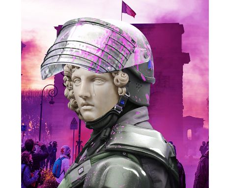 "SVCCY" MATTEO SUCCI (Ravenna, 1997)."Libertè, Egalitè, Fraternitè", 2019.Digital collage art on aluminum.Edition 2/15.Measur