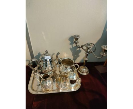 Silver Plated quality tea service with tray together with silver plated Candleabra. 