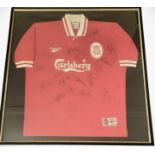 Liverpool F.C 2000 multi Signed 35x33.5 inch framed Liverpool F.C shirt. Signatures include Steven