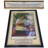 Tony Jacklin signed 30x22.5 inch framed photo and dedication script of Tony Jacklin holding the