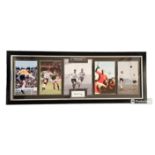 Sir Tom Finney montage signature piece including signed white card and 5 unsigned photos with