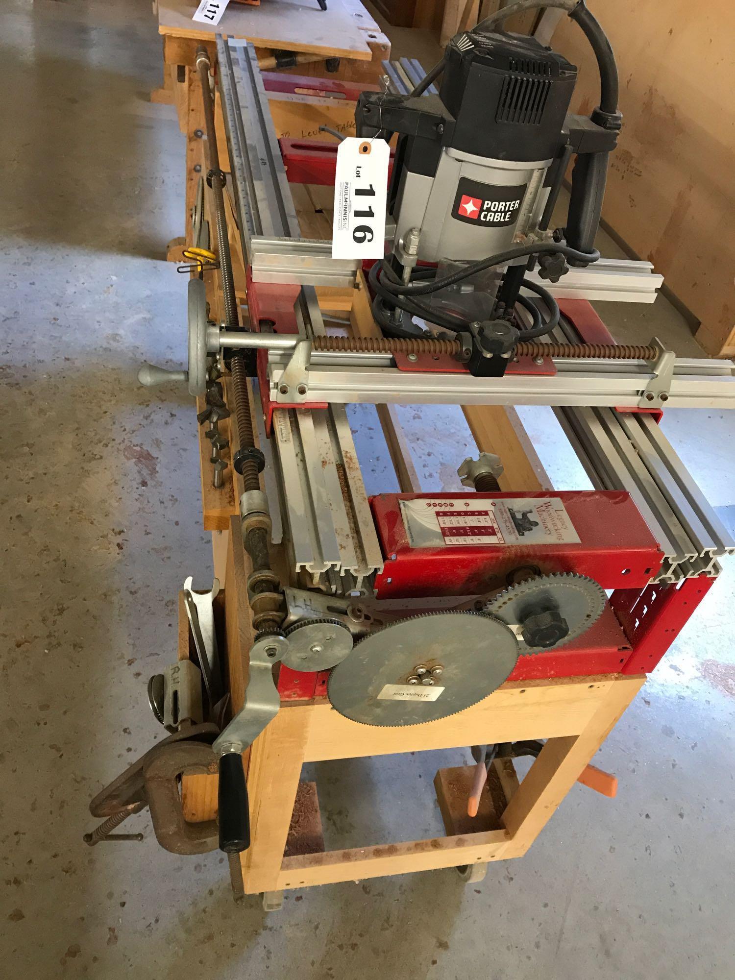 Legacy woodworking sliding router table with PorterCable router and bits