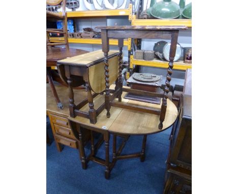 AN OAK GATE LEG TABLE, a similar smaller drop leaf table and a barley twist occasional table (all with stripped tops)